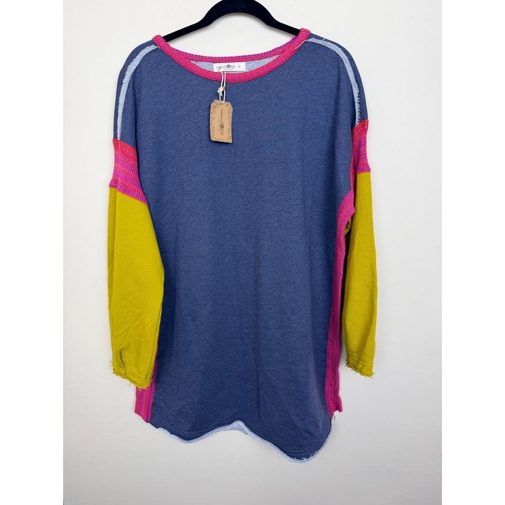 NWT Natural Life Tunic Colorblock Sweatshirt Blue Yellow Pink Large Boho